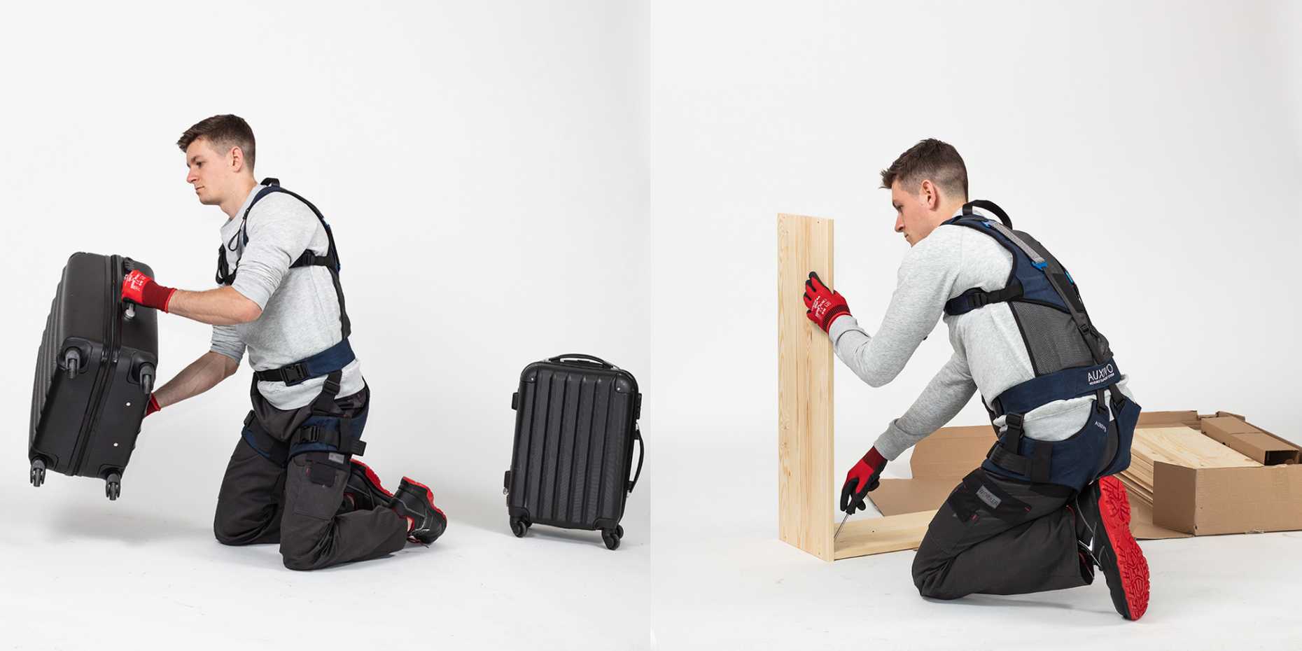 Man wearing exoskelett lifts suitcase and assembles wooden furniture