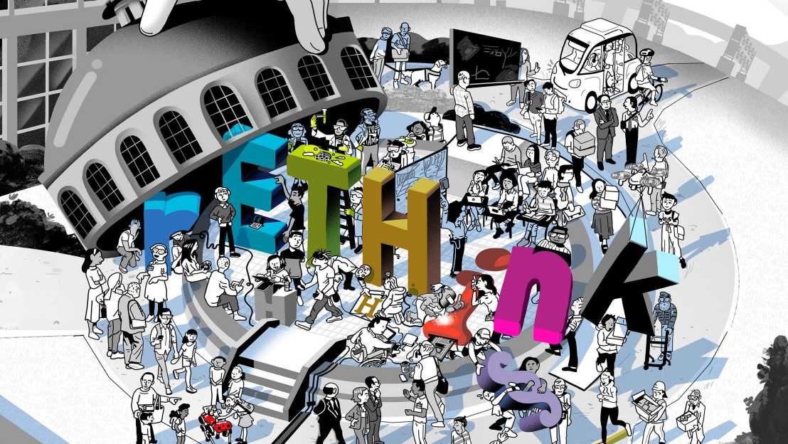 Visualisierung: Bunte Buchstaben des Wortes "rETHink" stehen in der mit Menschen gefüllten ETH-Eingangshalle