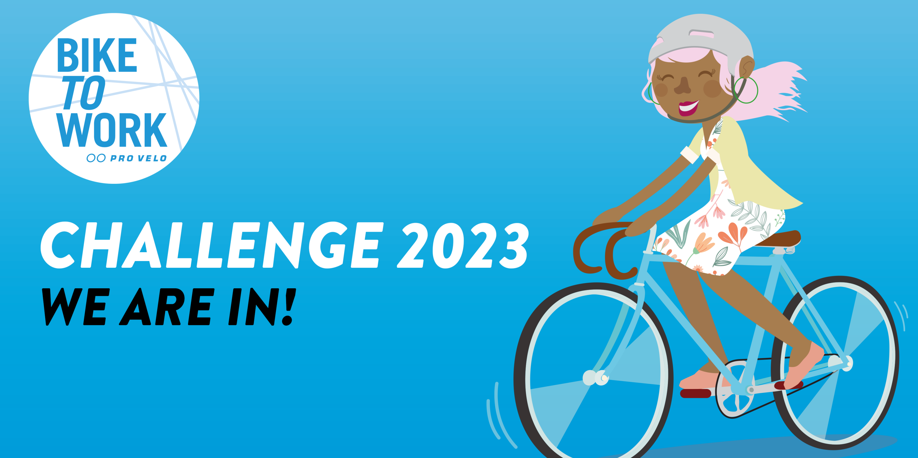 Challenge 2023 we are in! Bike To Work. Illustration woman on bike.