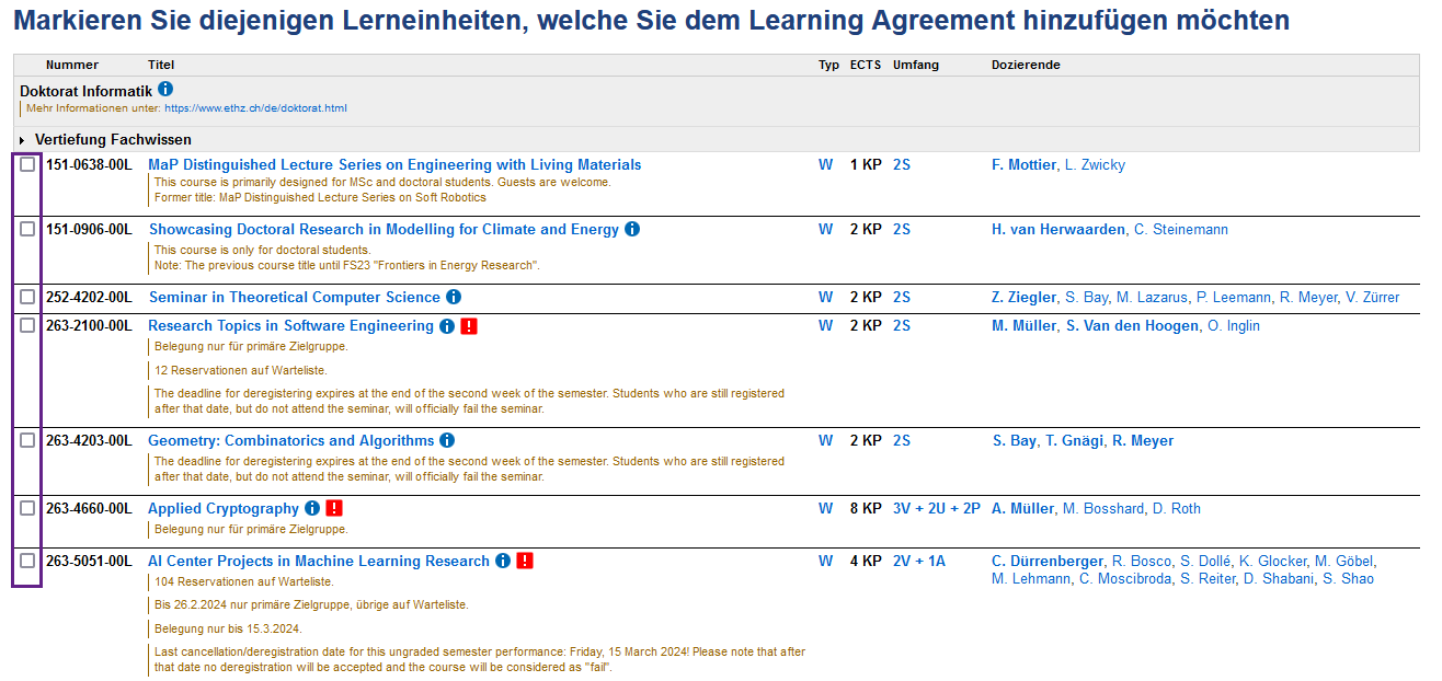 Vergrösserte Ansicht: Ein Screenshot aus myStudies wird gezeigt. Der Screenshot zeigt einen Ausschnitt aus dem Learning Agreement. Lerneinheiten aus dem Vorlesungsverzeichnis können mittels Anwählen einer Checkbox dem Learning Agreement hinzugefügt werden.