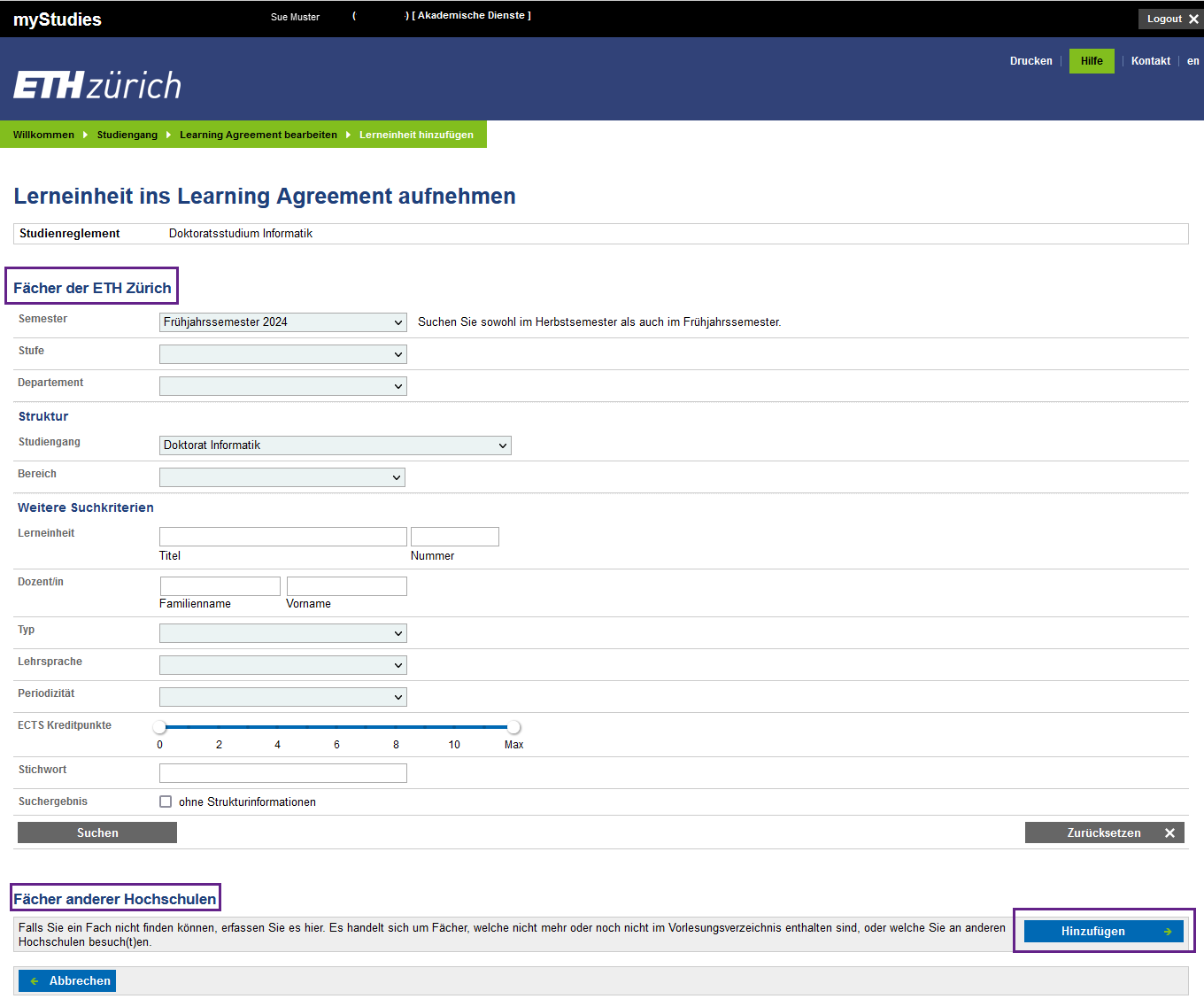 Vergrösserte Ansicht: Ein Screenshot aus myStudies wird gezeigt. Der Screenshot zeigt das Hinzufügen von Lerneinheiten über die Suche im Vorlesungsverzeichnis oder das manuelle Hinzufügen von Lerneinheiten anderer Hochschulen.