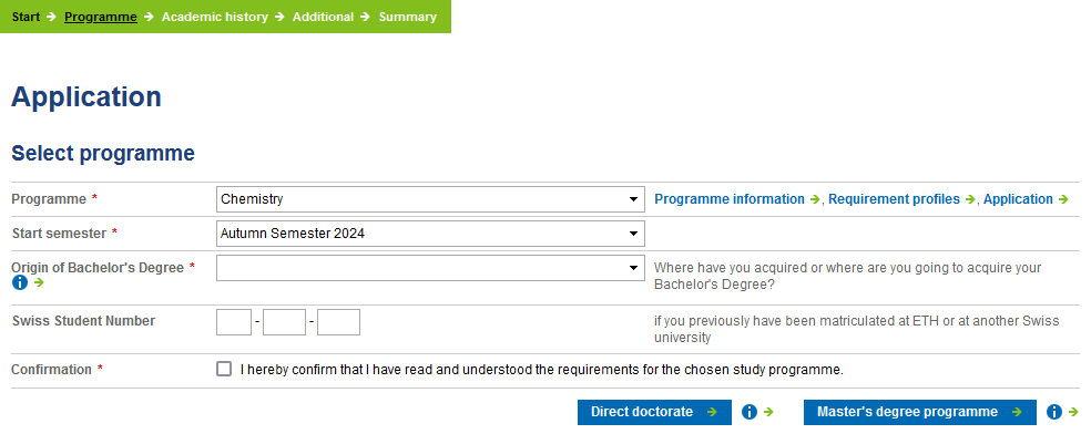 Application portal eApply. The programme “Chemistry” is selected in the dropdown. At the bottom right are two clickable buttons “Direct doctorate” and “Master's degree programme”.