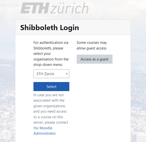"ETH Zurich" has been selected in the dropdown. Below the dropdown is a blue "Select" Button.