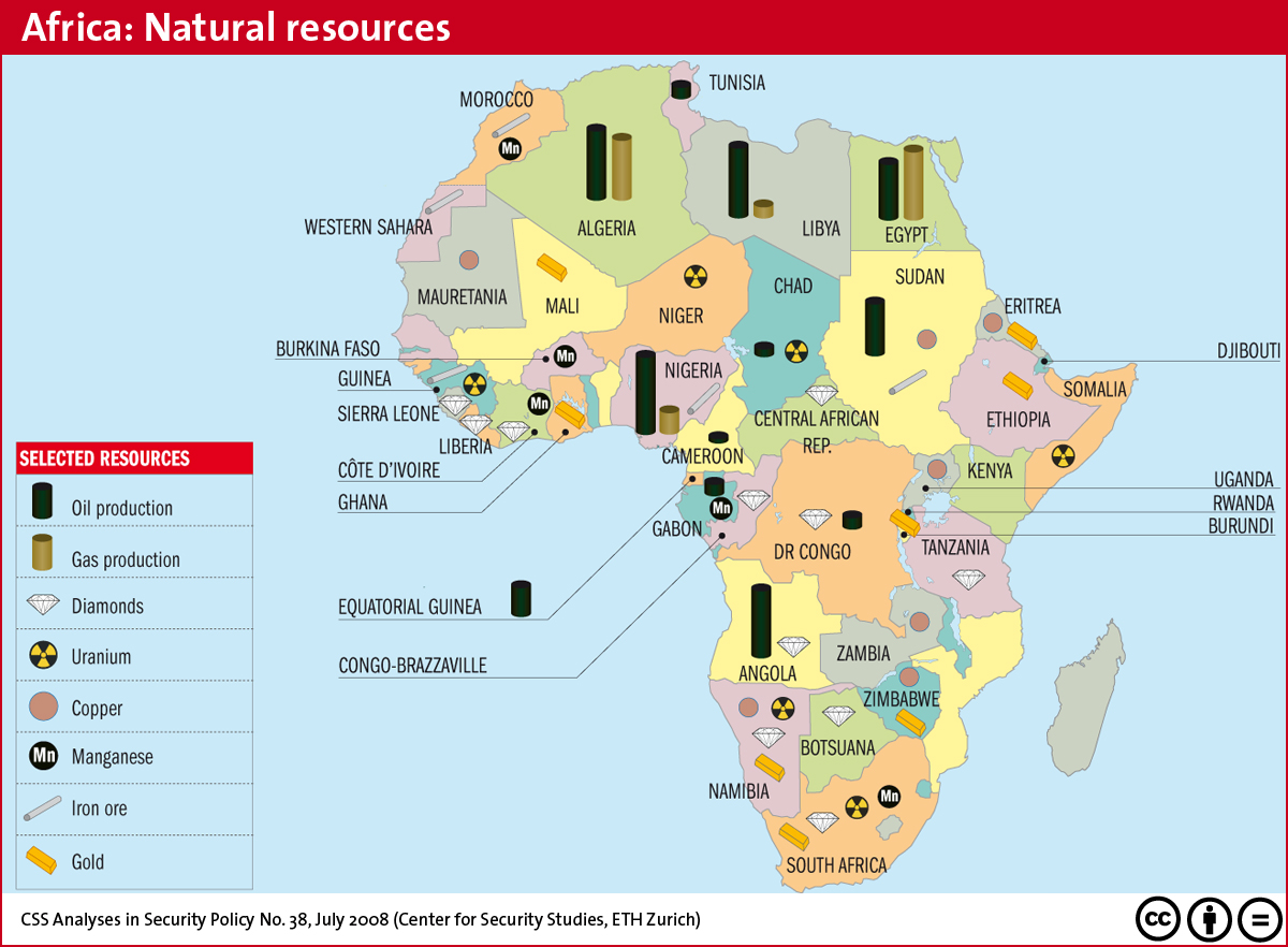 Enlarged view: Natural resources map of Africa, courtesy of Center for Security Studies, ETH Zurich