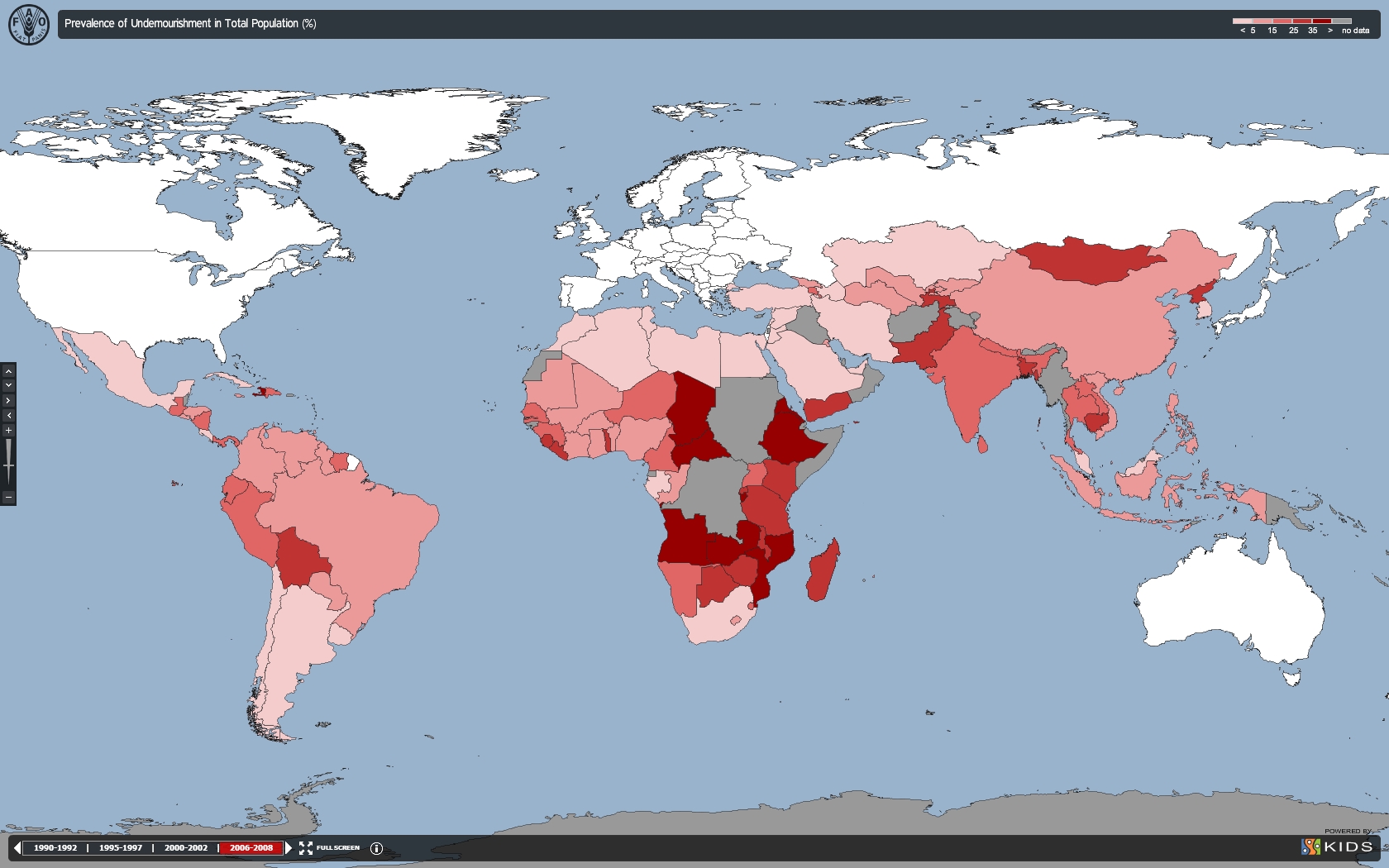Enlarged view: Prevalence of undernourishment in total population (%), FAO