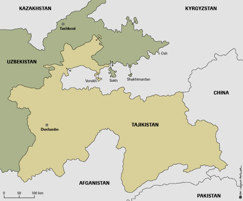 Enlarged view: Frontier area of Kyrgyzstan, Tajikistan and Uzbekistan