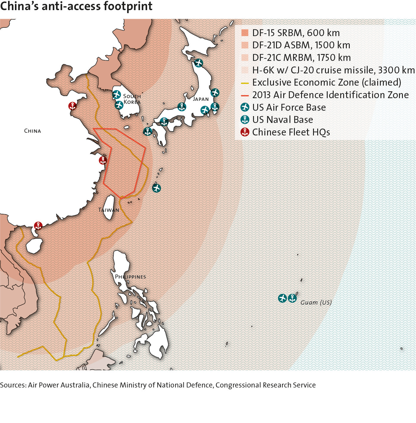 Enlarged view: Map of China's Anti-access footprint