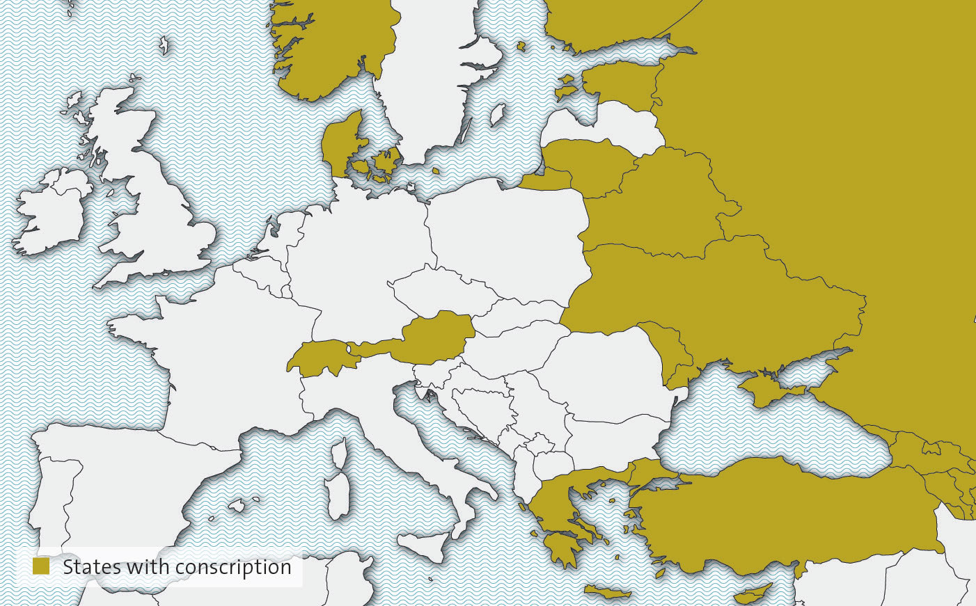 Enlarged view: A map of Europe showing states with conscription.
