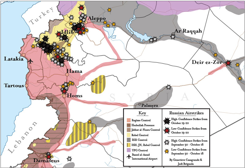 Enlarged view: Map 2: The Russian air campaign (starting 09/30/2015) has been concentrated against rebel forces