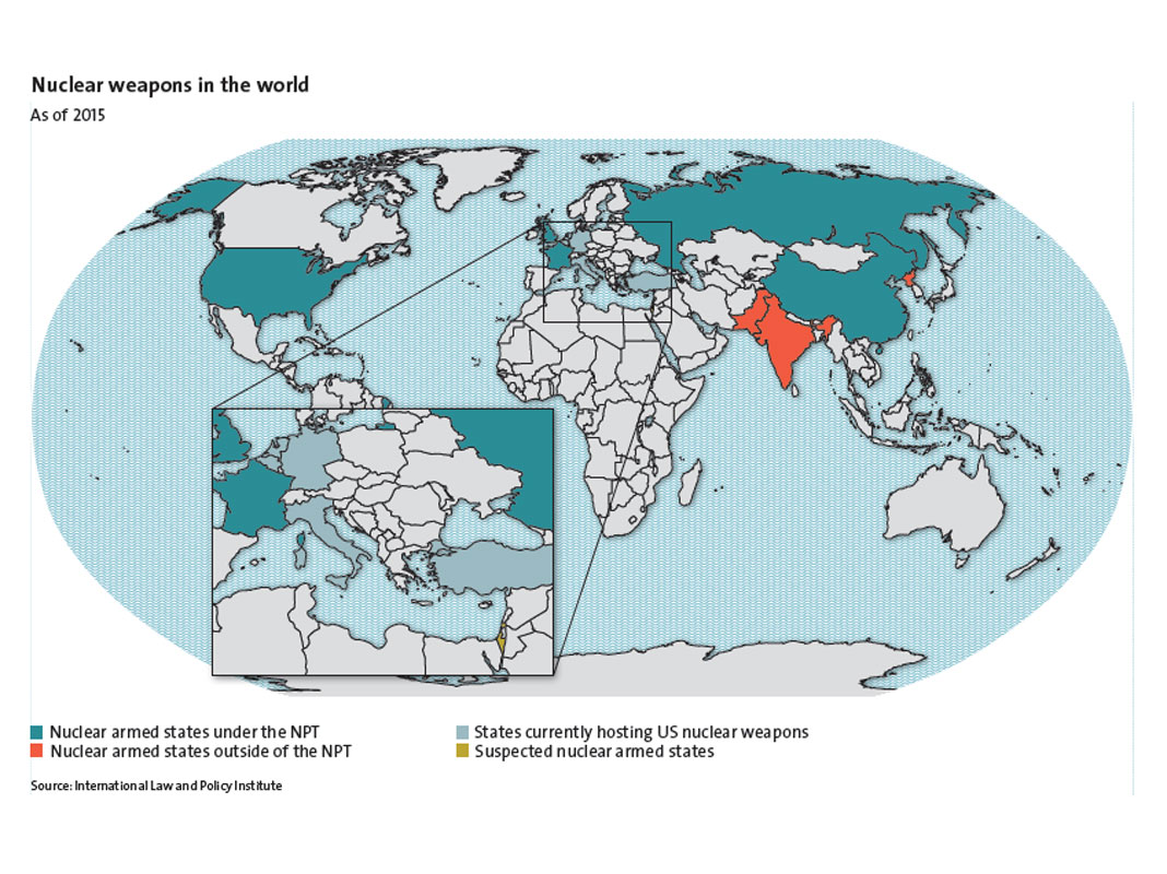 Enlarged view: Nuclear weapons in the world as of 2015, courtesy International Law and Policy Institute