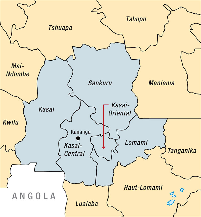 Location of Kananga and five states in Democratic Republic of Congo
