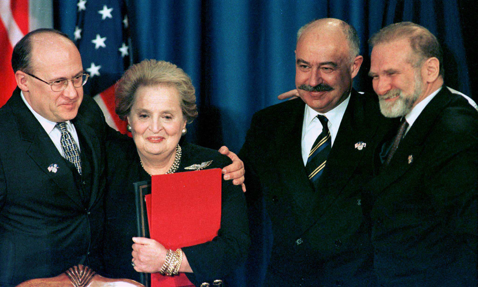 US Secretary of State Madeleine Albright with the foreign ministers of the Czech Republic, Hungary, and Poland in Independence, Missouri