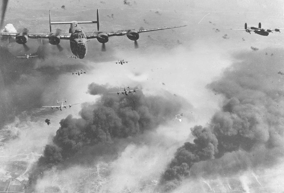 Through flak and over destruction created by preceding waves of bombers