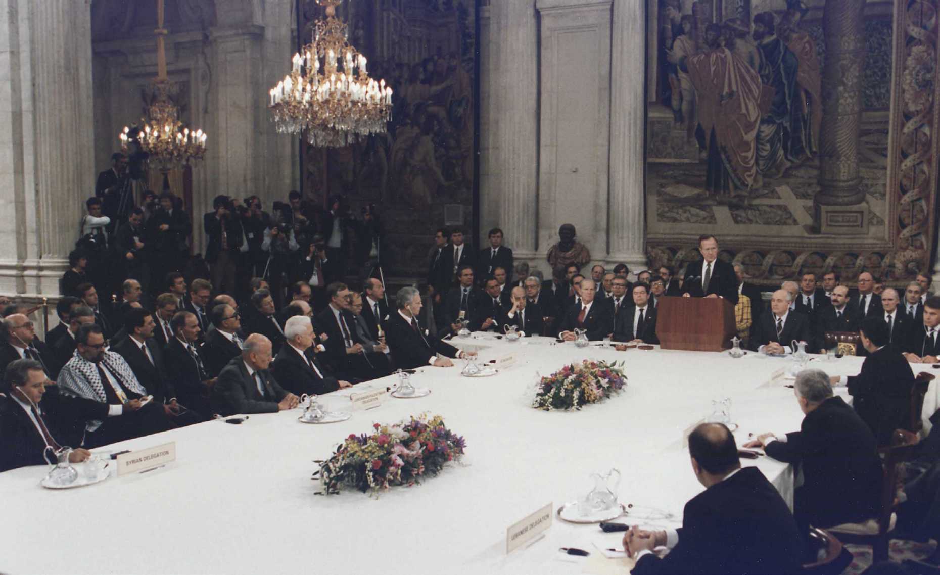 US President George H. W. Bush addresses the Middle East Peace Conference