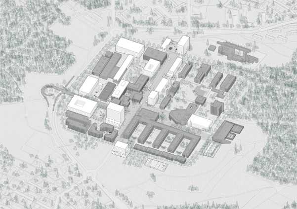 2040: Visualisierung, wie der Campus Hönggerberg im Zukunft aussehen könnte. Ziel ist eine Verdichtung nach innen, die den Landschaftsraum weitgehend bestehen lässt. (Bild: EM2N / ETH Zürich)