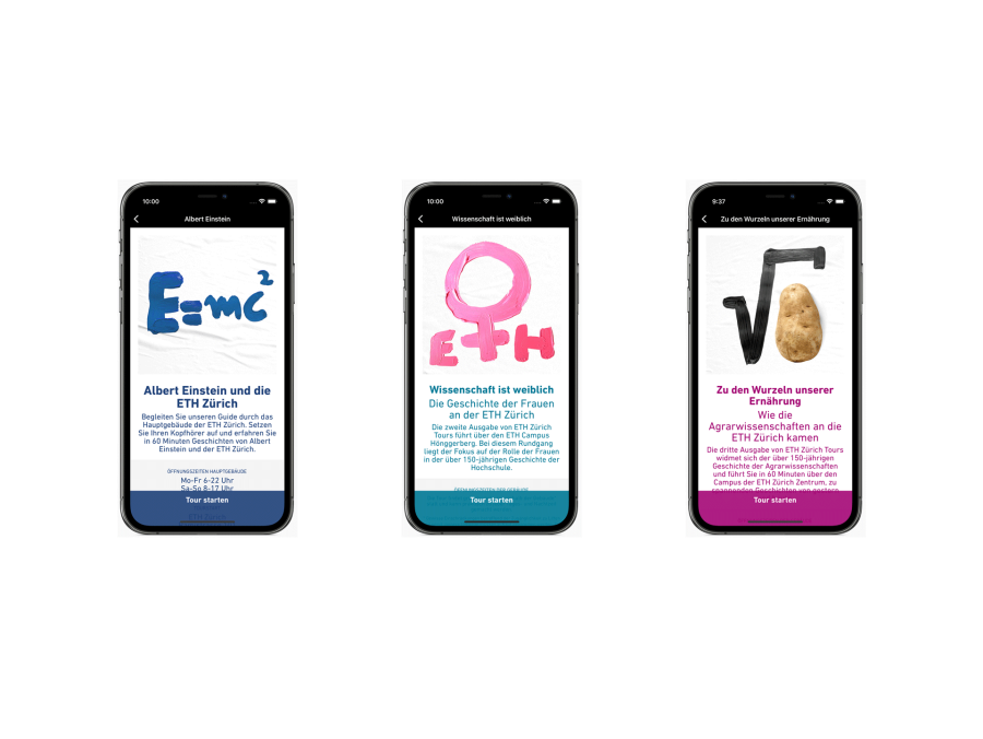 Einblicke in die Benutzeroberfläche der «ETH Zürich Tours» App mit Übersicht der drei Touren