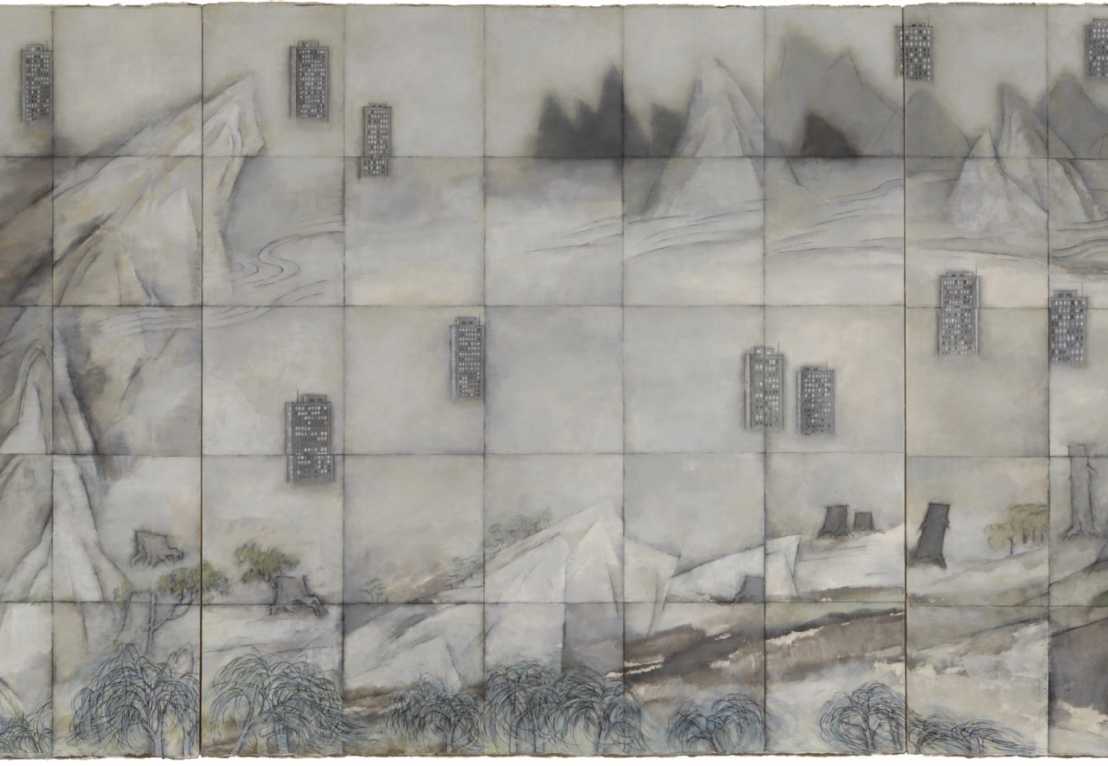 Vergrösserte Ansicht: Zhang Hongtu, SHAN SHUI, UNTITLED, 2013. Ink and oil on rice paper, mounted on panel, 48 1/2 x 135 1/2 in (123.2 x 344.2 cm)