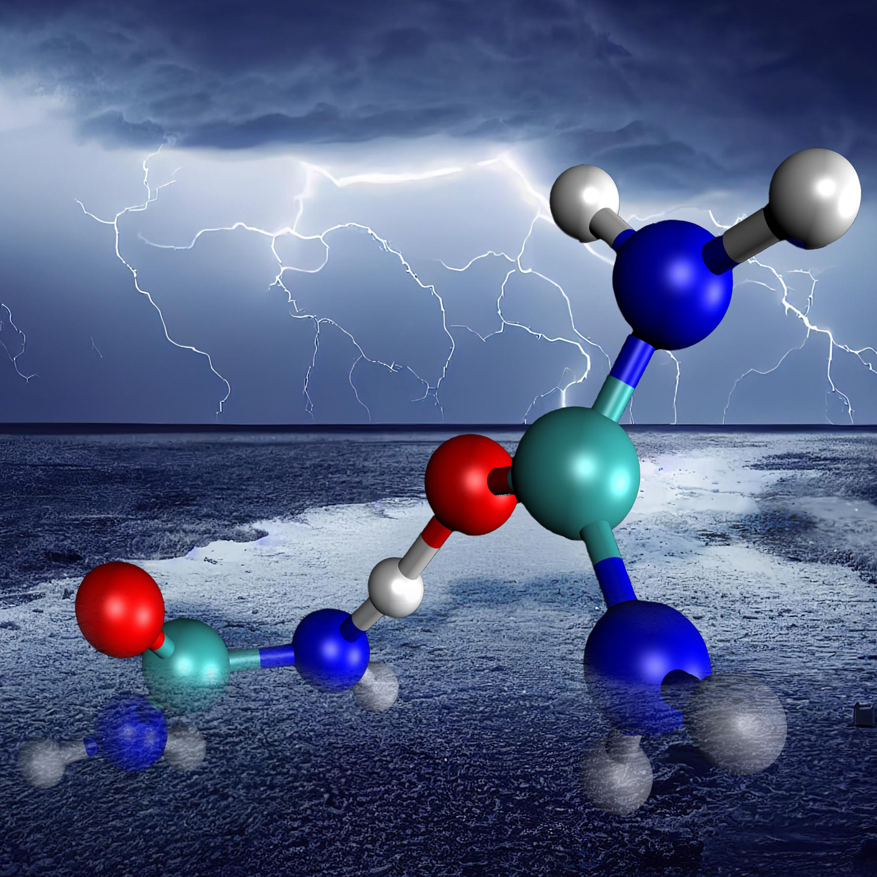 Vergrösserte Ansicht: Ein Meer, mit Blitzen im Hintergrund. Im Vordergrund ist ein Molekül zu sehen.