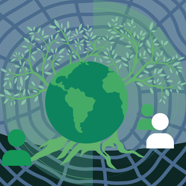 Illustration grüne Weltkugel mit grünem Baum im Hintergrund und einem Netz sowie Menschen neben der Weltkugel.