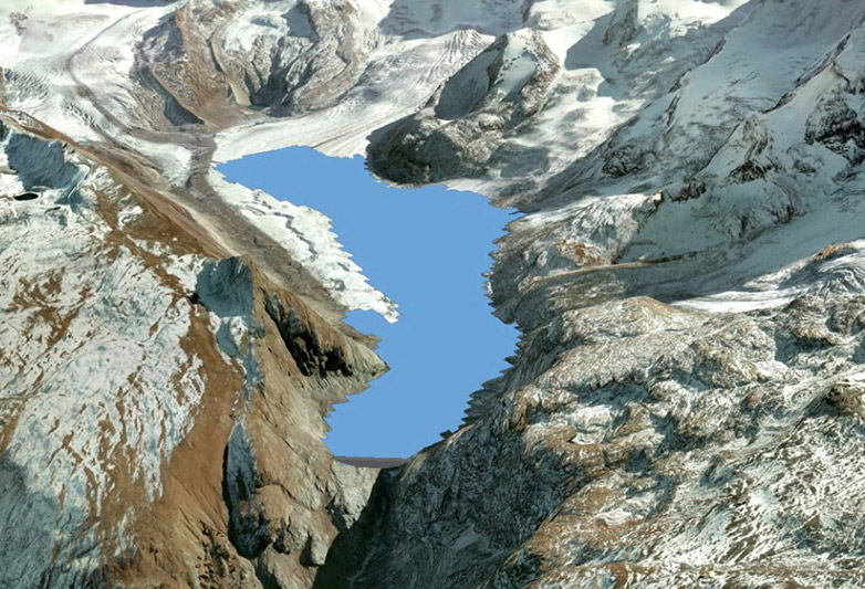 Ein Modell des Gornergletschers bei Zermatt mit virtuellem Stausee.