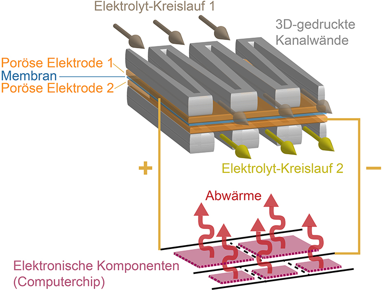 Vergrösserte Ansicht: Die 3D-gedruckten Kanalwände sorgen dafür, dass die flüssigen Elektrolyten die porösen Elektroden durchdringen müssen und an ihnen elektrochemisch reagieren. (Grafik: Marschewski et al. Energy and Environmental Science 2017, abgeändert)