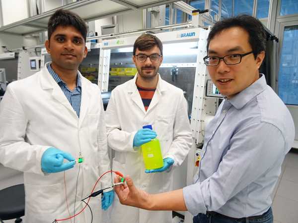 Sudhir Kumar, Jakub Jagielski und Chih-Jen Shih sind richtig zufrieden mit ihrer ultragrünen Leuchtdiode. (Bild: Florian Meyer / ETH Zürich)