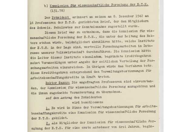 Am 12. Dezember 1942 beschloss der damalige Schulrat, die «Kommission für wissenschaftliche Forschung der E.T.H.» zu bilden (Bild: ETH-Bibliothek, Archive, SR2: Schulratsprotokolle 1942, Sitzung Nr. 8 vom 18.12.1942, Traktandum 137, Seite 359).