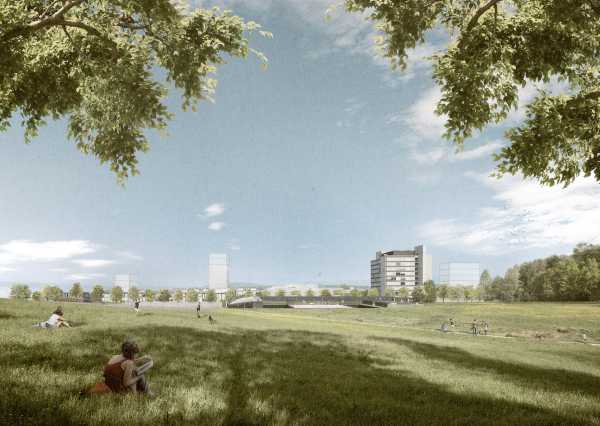 Blick vom Käferberg auf den zukünftigen Campus Hönggerberg. (Visualisierung: nightnurse images GmbH / EM2N)