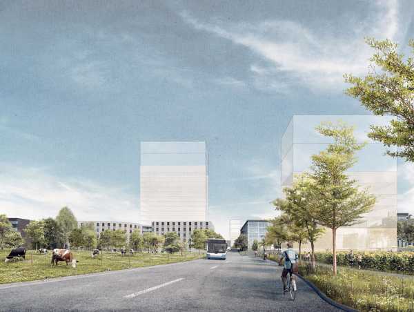 Das künftige Portalgebäude Süd (rechts) verbindet den Campus mit dem Quartier Höngg. (Visualisierung: nightnurse images GmbH / EM2N)