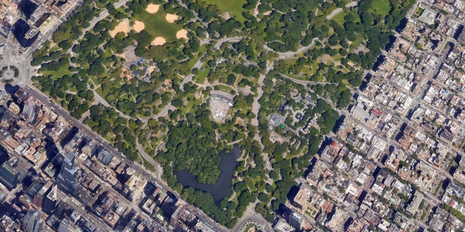 Vergrösserte Ansicht: Die Oberfläche einer Zelle und ihrer Oberflächenproteine ist proportional zur dreifachen Grösse des New Yorker Central Park und der Menschen, die sich darin aufhalten. Baseballfelder entsprechen funktionalen Einheiten, die Spieler einzelnen Proteinen mit speziellen Funktionen. (Bild: Google Earth/Landsat/Copernicus)