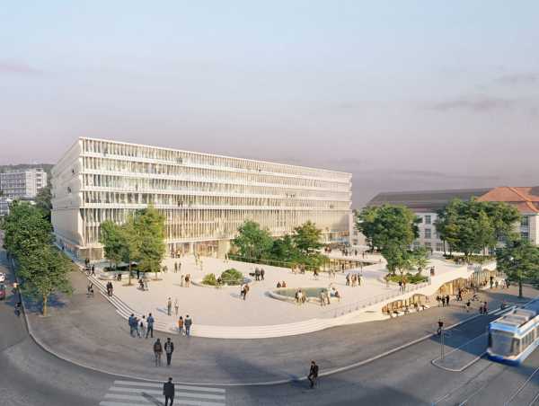 Das Forum UZH von Herzog & de Meuron liegt zurückversetzt, so dass ein zentraler Platz entsteht. (Bild: © Herzog & de Meuron)