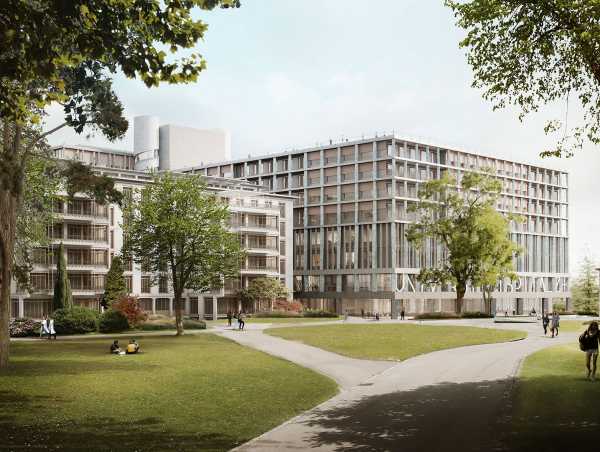 Die zwei Gebäude des Universitätsspitals von Christ & Gantenbein bilden mit den historischen Bauten ein Ensemble. (Bild: Ponnie Images)