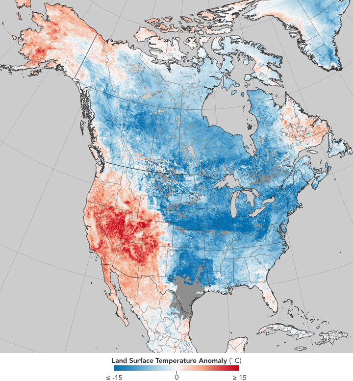 Vergrösserte Ansicht: Temperaturen in Nordamerika vom 26.12.17-2.1.18: Extreme Kälte auf der einen Seite, extreme Wärme auf der anderen. (Quelle: Nasa Earth Observatory)