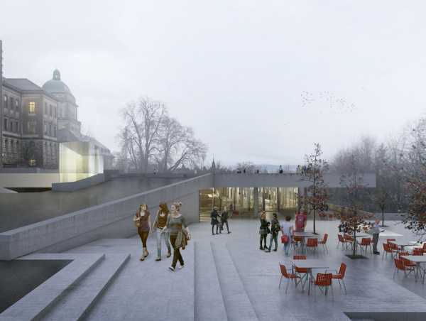 Ein Blick auf die neue Polyterrasse und das darunter prominent sichtbare Cafégeschoss. (Visualisierung: MM Krucker Ghisleni)