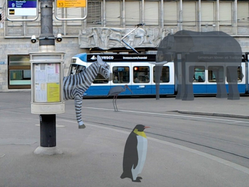 Vergrösserte Ansicht: Vermischte Realitäten: Der Paradeplatz als Zoo. (Visualisierung: Media Technology Center)