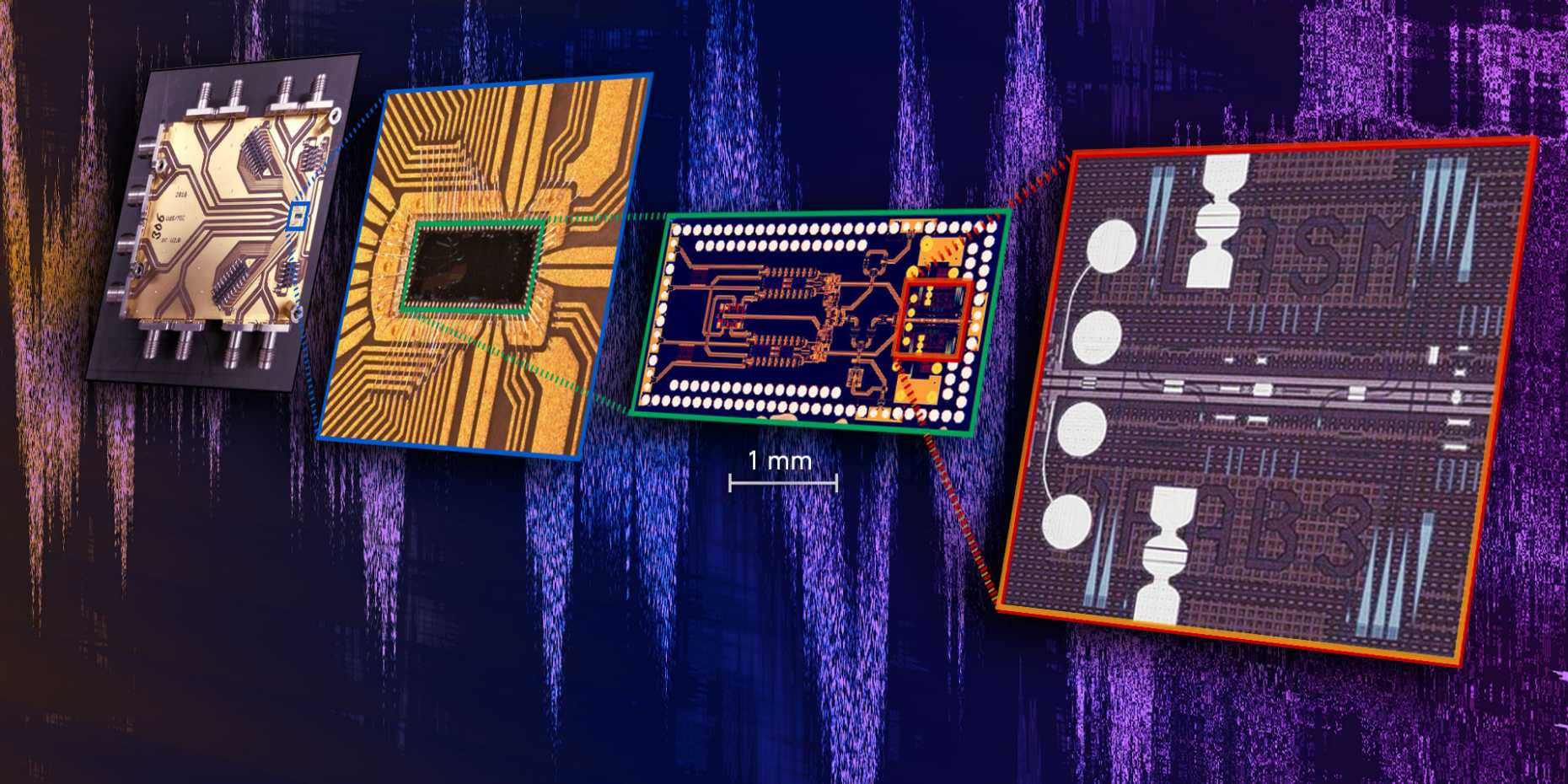 Vergrösserte Ansicht: Der neue, hochkompakte Chip fügt erstmals schnellste elektronische und lichtbasierte Bauelemente in einer Komponente zusammen. Damit wird eine rekordschnelle Datenübertragung möglich. (Bild: ETH Zürich / Nature Electronics)