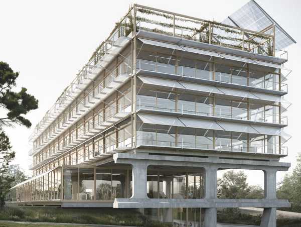 Das architektonische Erscheinungsbild von «EQUILIBRES» ist geprägt durch eine massive Stützenstruktur im Untergeschoss, die oben von einer leichten Holzkonstruktion abgelöst wird.