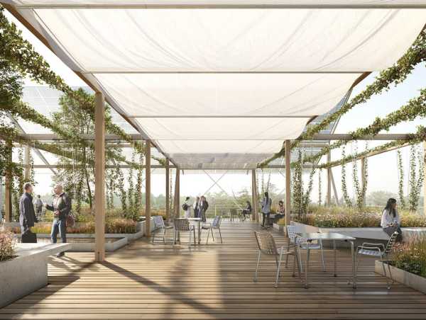 Der Pergola-Dachgarten ist mit mobilen Segeltüchern ausgestattet und erzeugt eine vielfältige, Gartenatmosphäre mit unterschiedlichen Bereichen, Bepflanzungen und Wasserbecken.