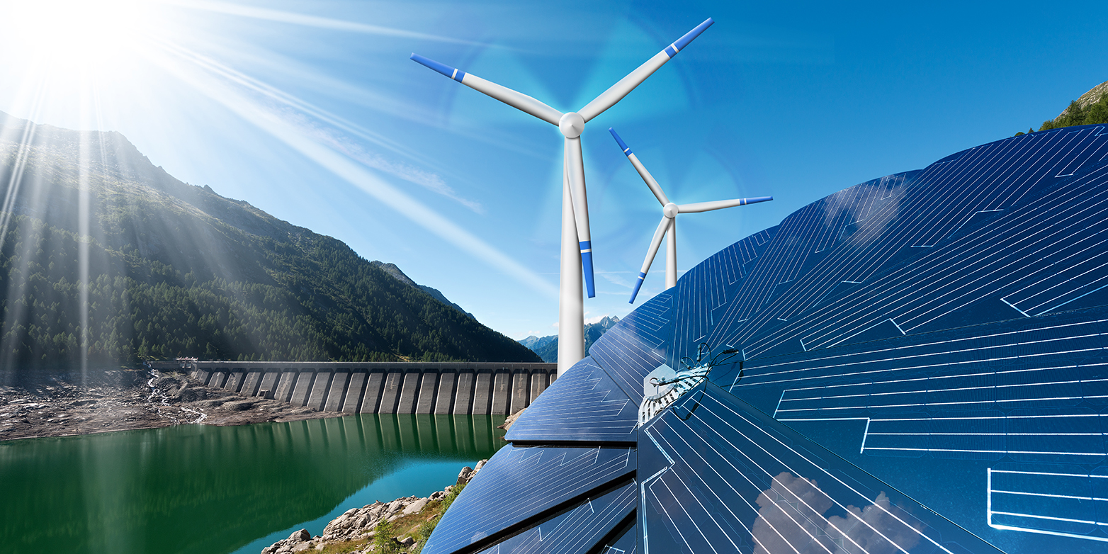 Wasserkraftwerk, Windturbine und Solarpanels