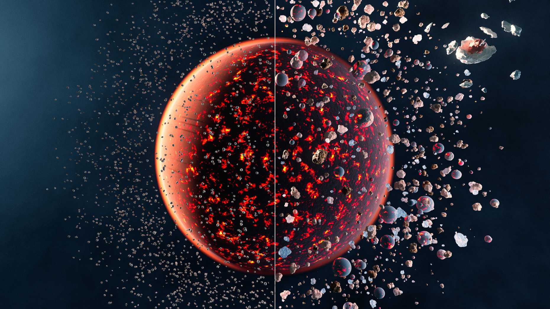 Künstlerische Darstellung der sich bildenden Erde – links aus chondritischen Asteroiden, rechts aus Planetesimalen