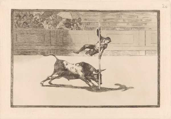 Dieses Bild zeigt die digitale Version von Francisco de Goya's Wendigkeit und Waghalsigkeit des Juanito Apiñani in der Arena von Madrid von 1816.