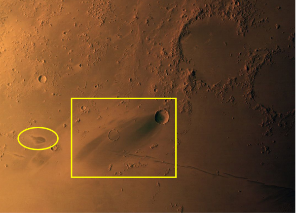 Marsoberfläche und Ablagerungen, die durch die vorwiegende Windrichtung verursacht wurden.