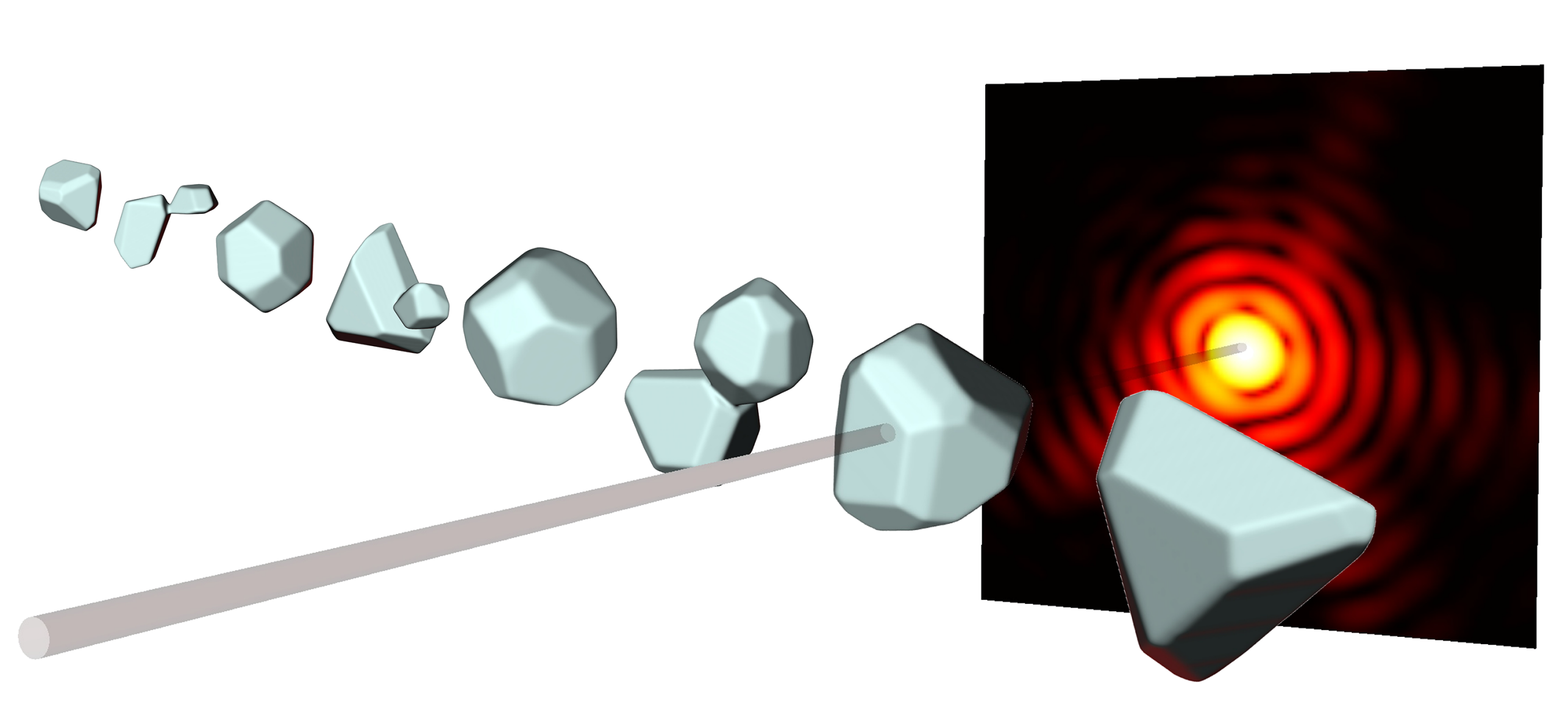 Grafik, wie mit Röngtenpulsen die Nanoteilchen beschossen werden.