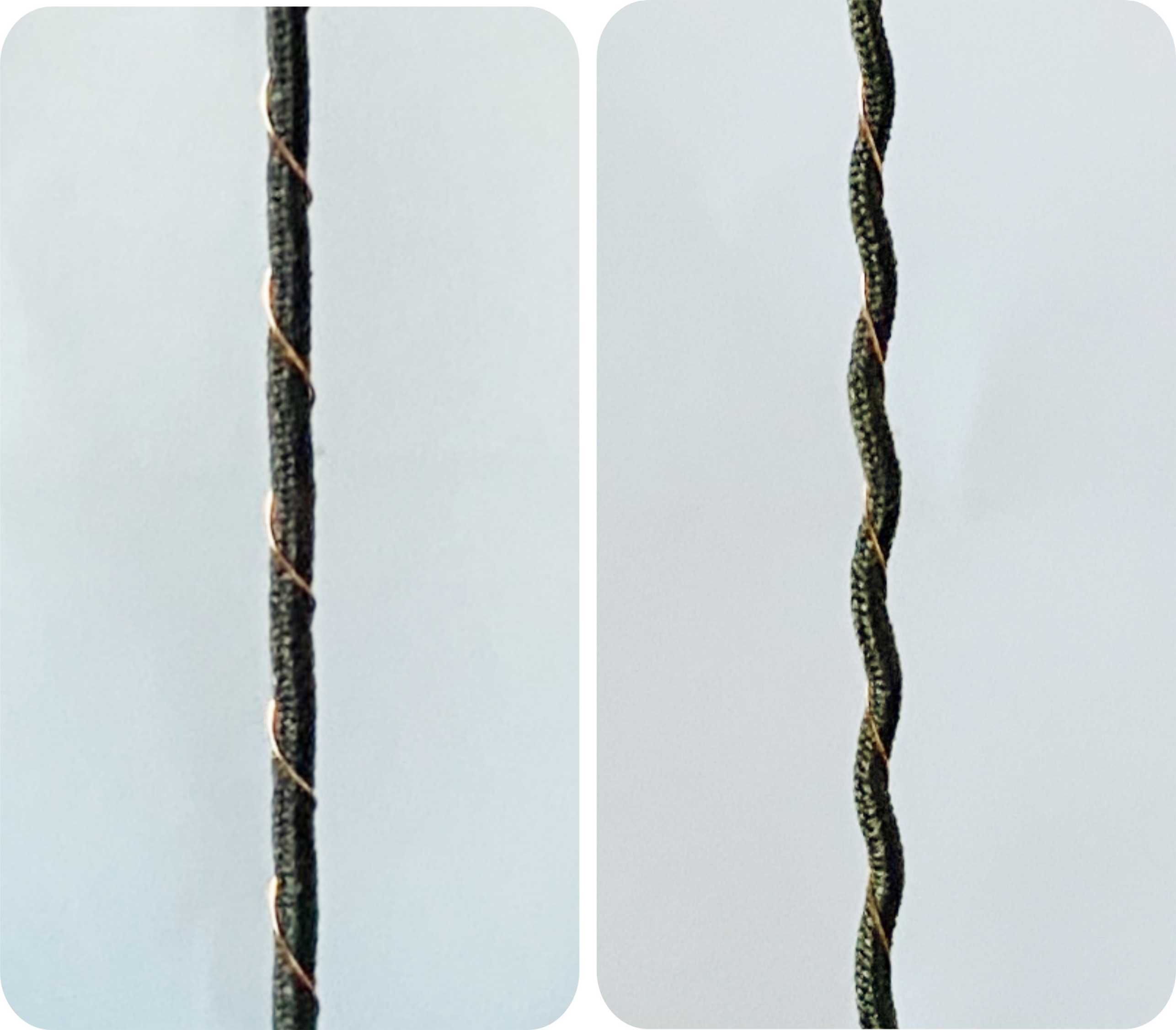 Vergrösserte Ansicht: Links: das Garn mit leitendem Gummi statisch gerade, Rechts: das Garn mit leitendem Gummi unter Zug spiralförmig.