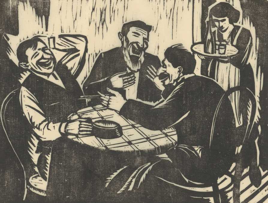Vergrösserte Ansicht: Der Holzschnitt zeigt eine Szene in einem Restaurant. Drei Männer sitzen an einem Tisch, einer erzählt und die anderen lachen. Im Hintergrund bringt eine Frau mit gesenktem Kopf die Getränke.
