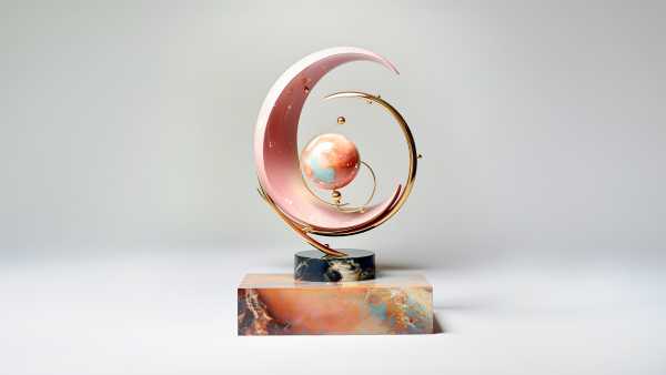Skulptur, die auf einem Marmorsockel steht. Krümmungen umfassen einen in der Mitte stehenden kleinen Globus.