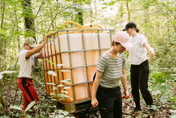 Die drei Studierenden befördern einen Wassertank durch den Wald.