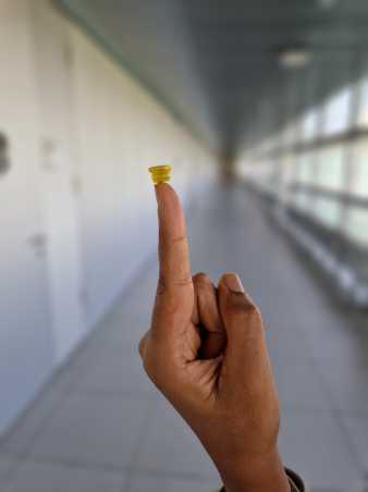 Der kleine gelbe Saugnapf wird auf einem ausgestreckten Zeigefinger präsentiert.