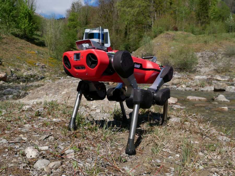 Vergrösserte Ansicht: Roter vierbeiniger Roboter ANYmal in einer steinigen Umgebung, im Hintergrund Waldlandschaft.