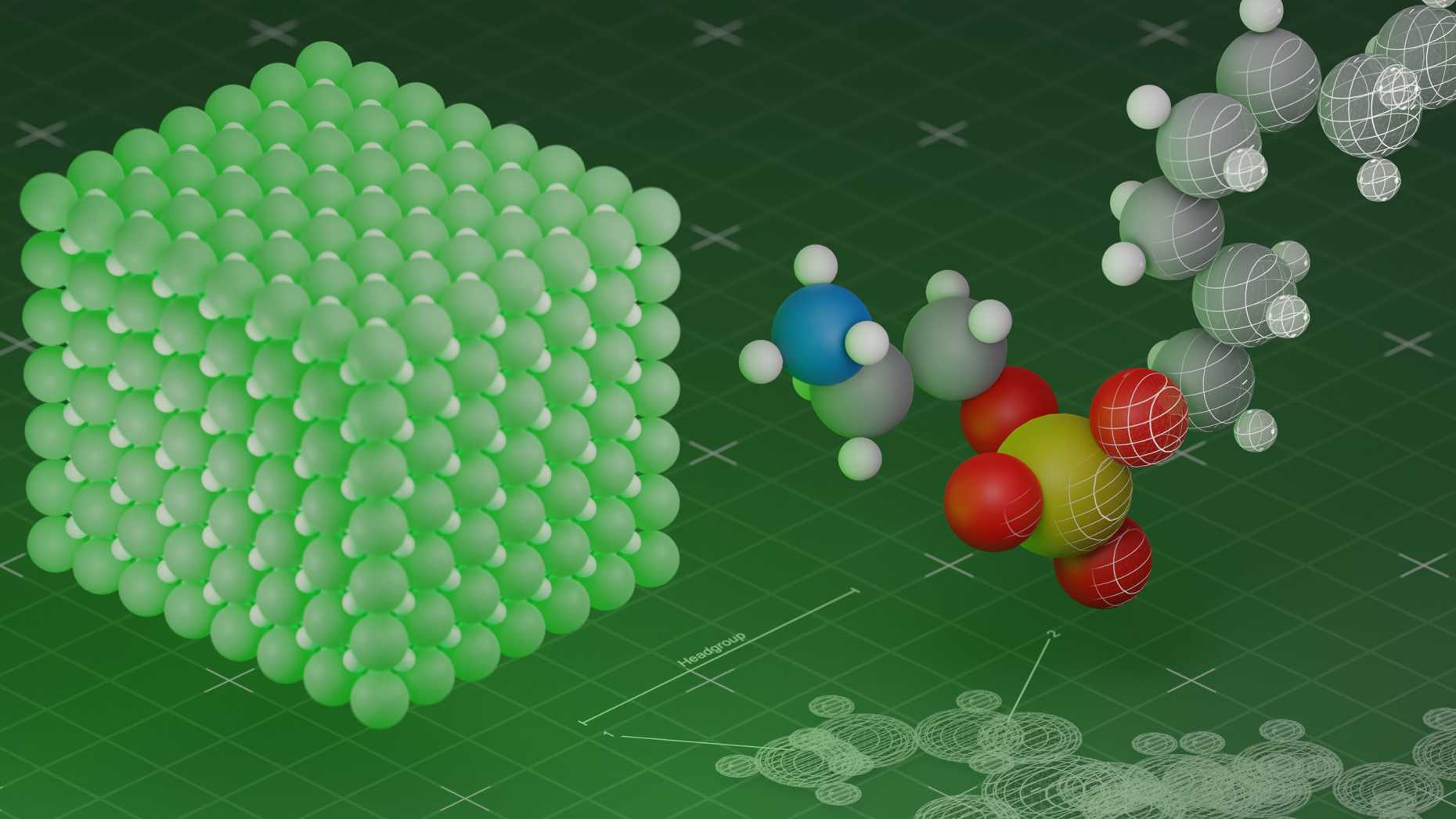 Illustration des würfelförmigen Perowskit-Nanokristall und Molekülen welche sich darum bilden. 